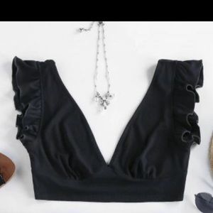 Low cut black crop top with ruffle sleeves